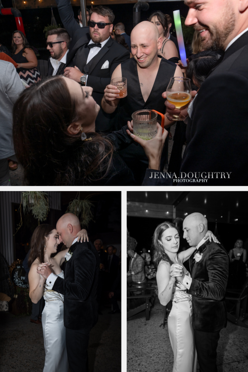 “Wedding reception at Wild Bevy Distilling in Wells Maine with twinkling lights and rustic décor”