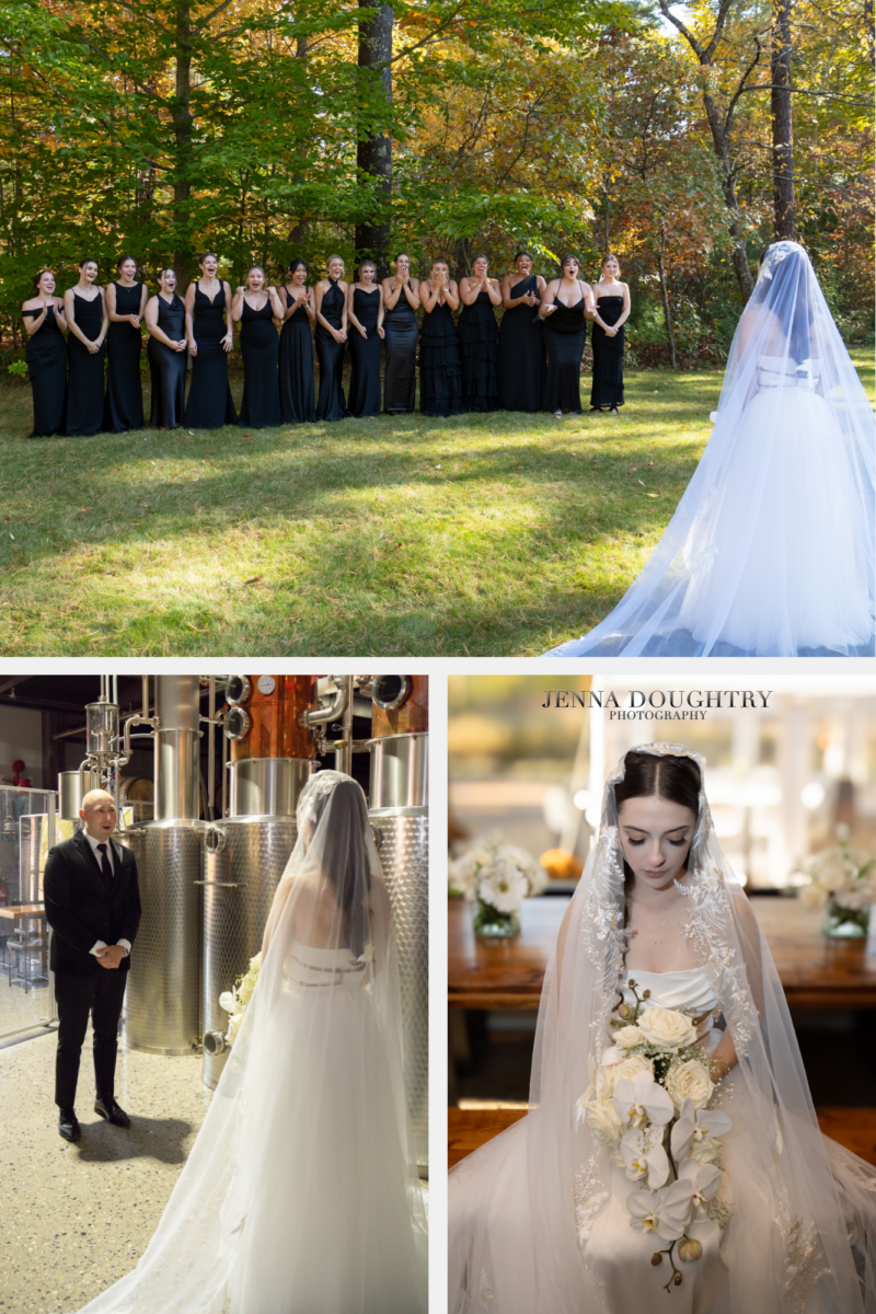 Groom Tommy seeing his bride for the first look at Wild Bevy Distilling, Wells Maine”