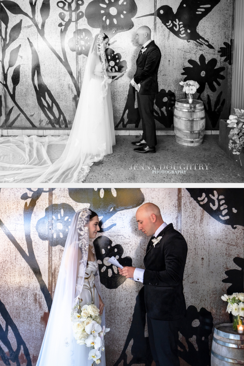 Margaret and Tommy exchanging personal vows during a private first look in Wells Maine