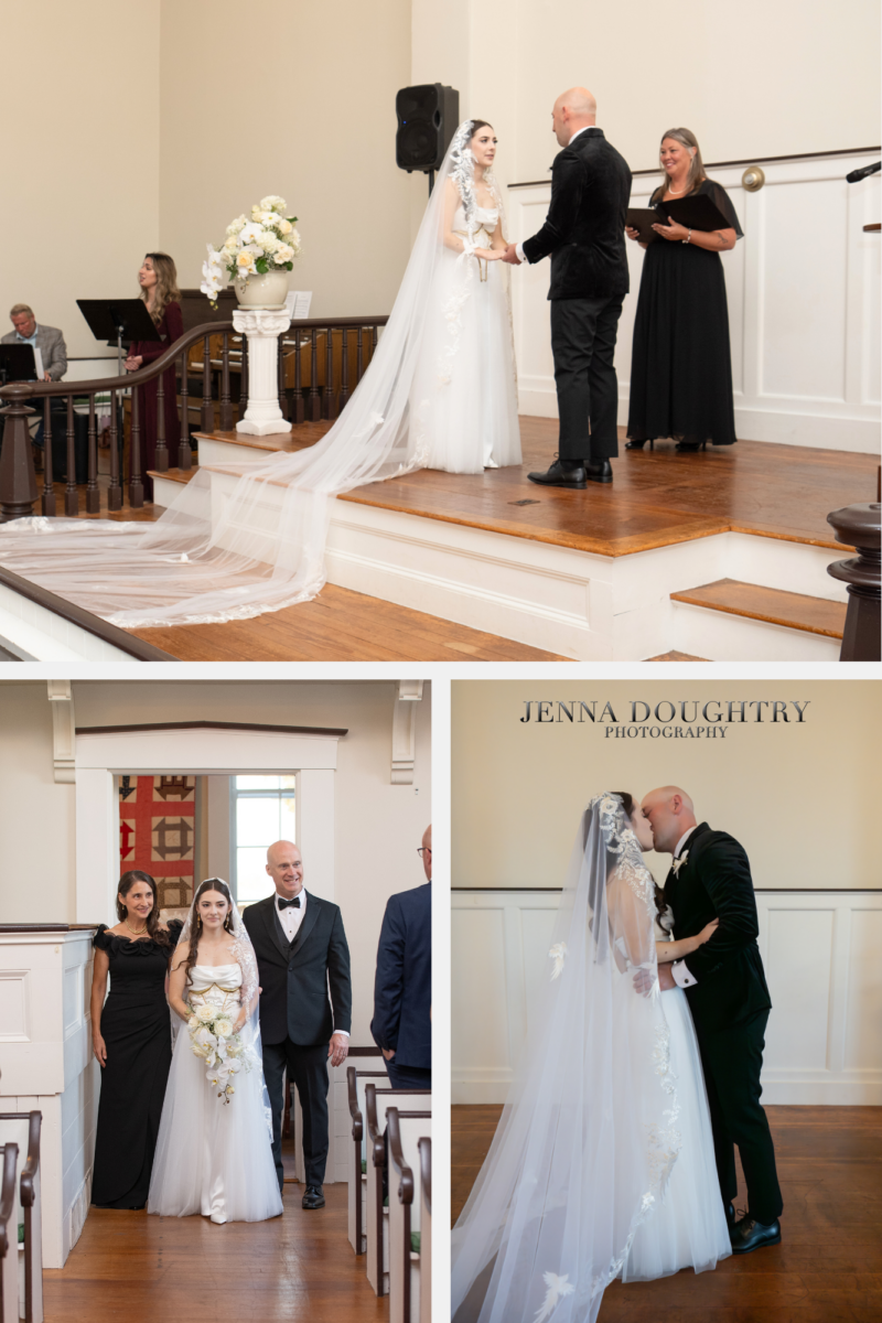 Bride Margaret walking down the aisle at the 1862 Meetinghouse, Wells Maine, during her Wells Maine wedding
